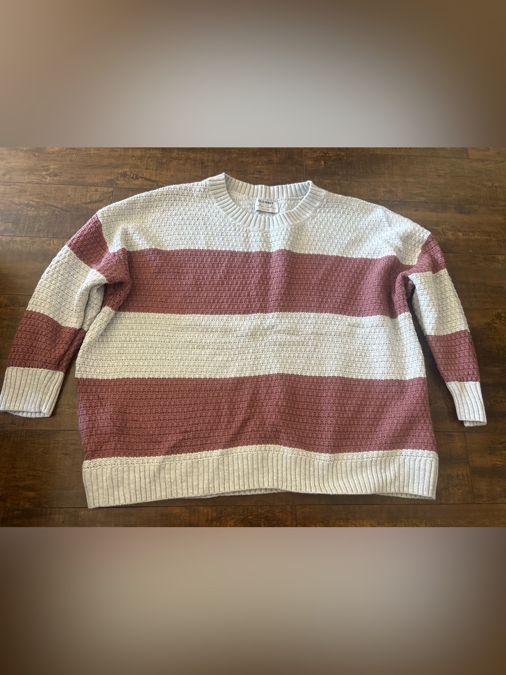 Old Navy Wide-Stripe Crewneck Sweater in Dusty Rose and Cream
